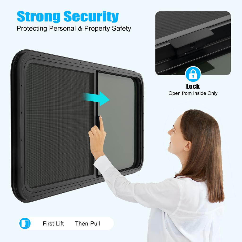 Universal Black RV Sliding Window Tinted Privacy Glass & Mosquito Screen for 2-6mm/48-55mm Metal RVs