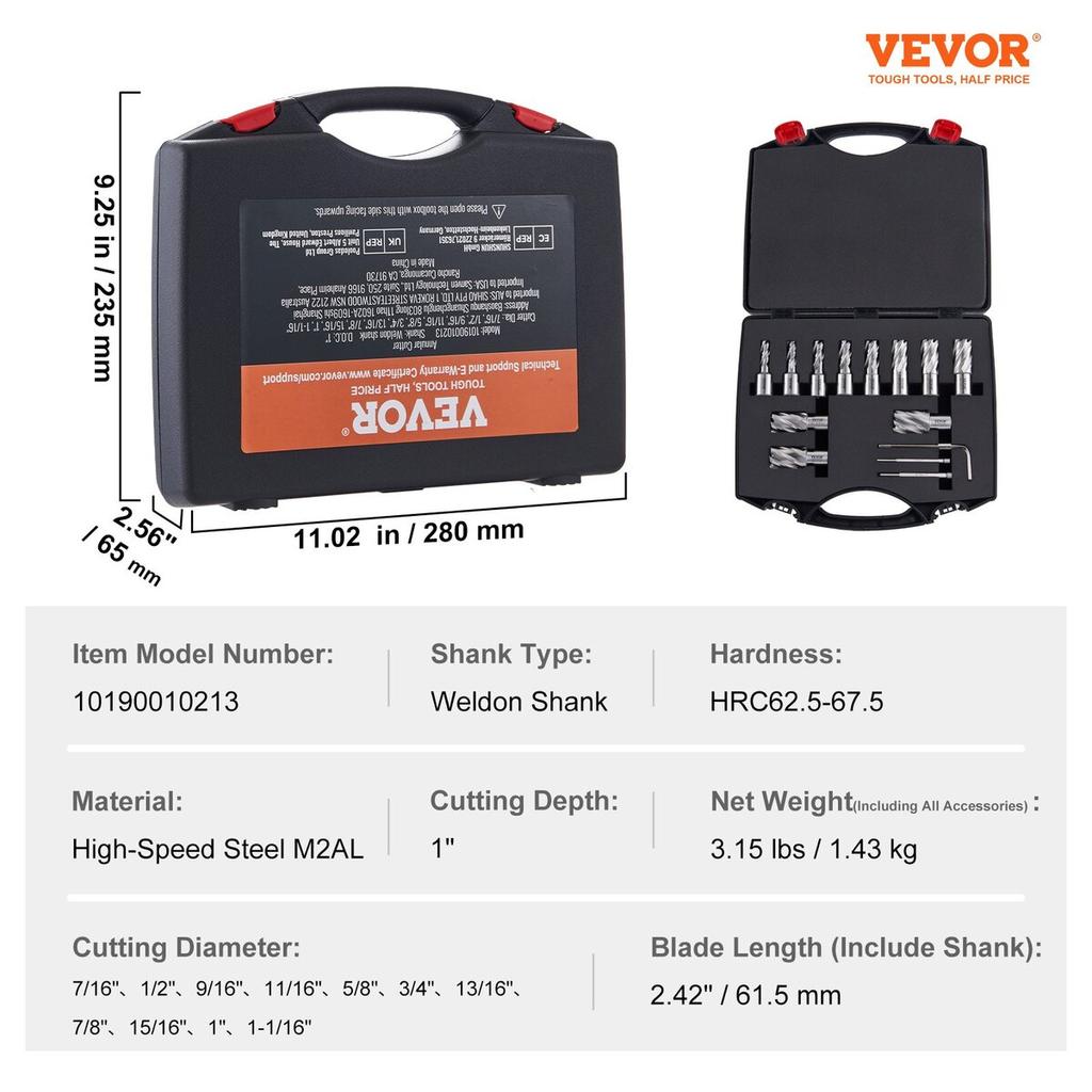 Annular Cutter Set, 13 Pcs Weldon Shank Mag Drill Bits, 1" Cutting Depth, 7/16" To 1-1/16" Cutting Diameter, M2AL HSS, 2 Pilot Pins, Hex Wrench and