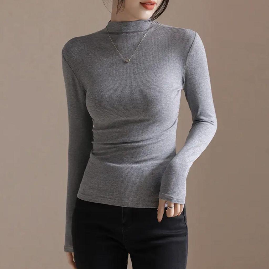 Damska bawełniana koszulka z wysokim kołnierzem i marszczeniami - Modny koreański styl, Długi rękaw, Ciepła na jesień/zimę