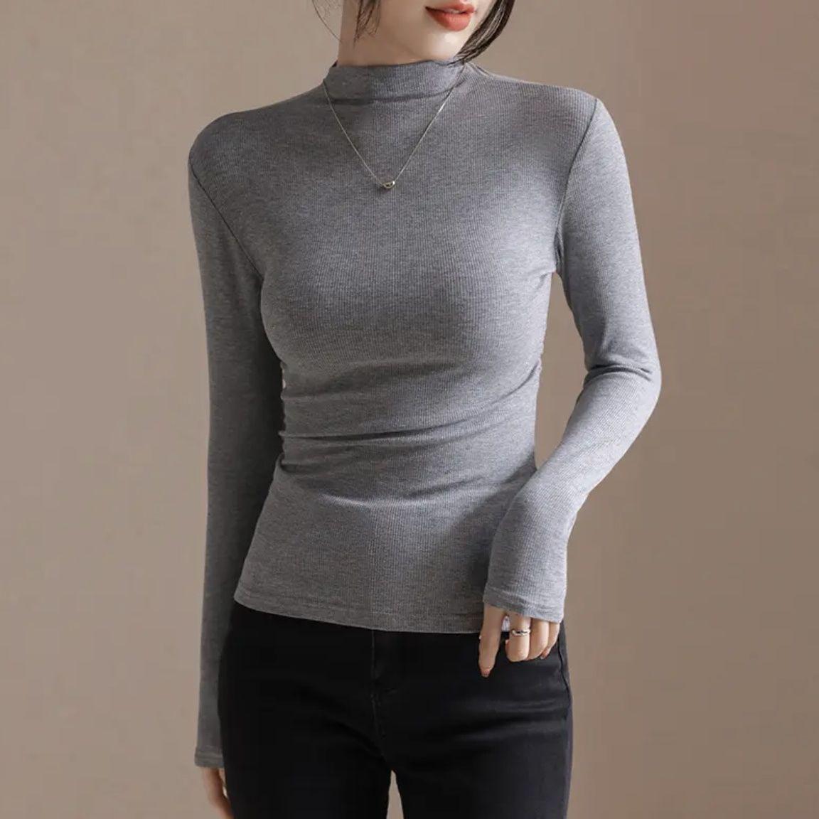 

Женская футболка из хлопка с высоким воротом и сборками - Модный корейский стиль, Длинный рукав, Теплая для осени/зимы XL