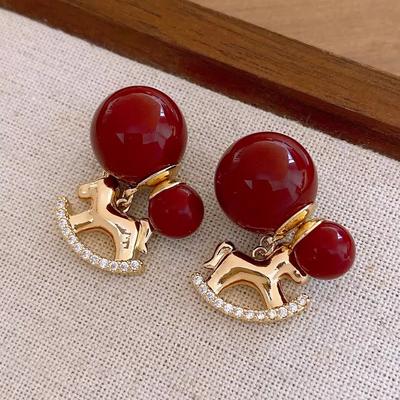 Front and Rear Red Pearl Pony Natal Year Earrings Women's Light Luxury Temperament High-end Stud Earrings Fashion Versatile Earrings