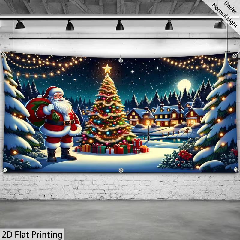 2D Christmas Garage Door Backdrop Santa Claus & Lit Tree Photography Background