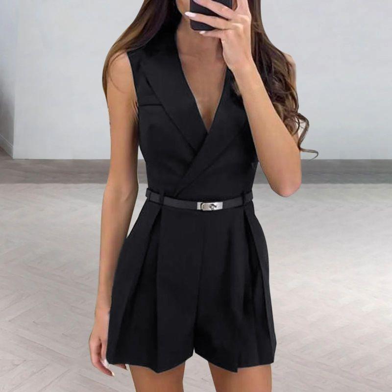 

V-neck Sleeveless Suit Jumpsuit Shorttsv Collar Sleeveless Suit One-Piece Shorts Black XL