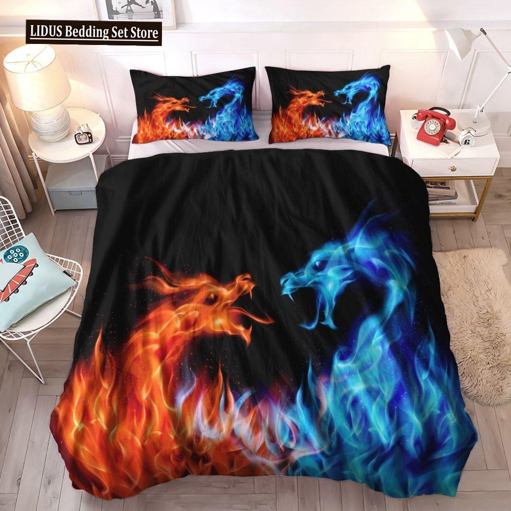 Dragon And Phoenix Duvet Cover Set Full Queen Size, Fantasy World Monster Gothic Bedding Sets Bohemian Mandala Comforter Cover