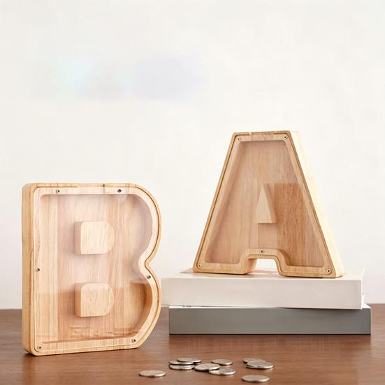 Wooden Piggy Bank with Clear Window, A-Z Letter Coin Cash Container for Kids Adults, Unbreakable Money Saving Box Decoration