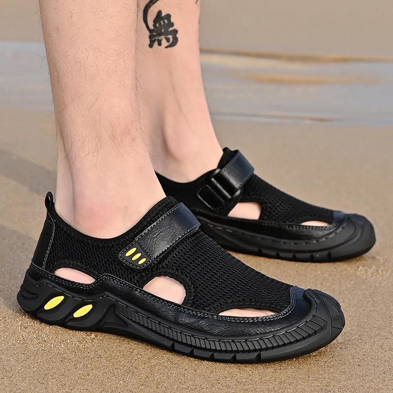 Men's Sandals Closed Shoes Summer Slippers Mesh Breathable Outdoor Non Slip Wear Resistant Casual Shoes Beach Sports Hiking