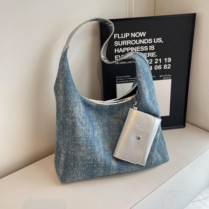 Popular Denim Women's Bags New Casual Lazy Wind Large Capacity Shoulder Underarm Bag Portable Tote Bag