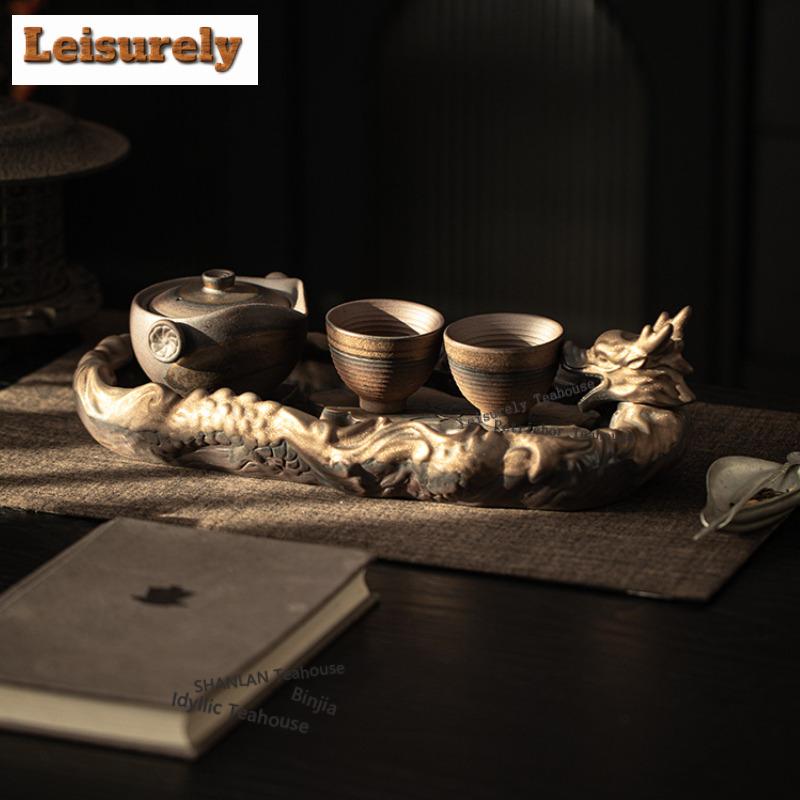Gilt Coarse Pottery Dragon Lying On Lotus Tea Tray Afternoon Tea Dessert Plate Coffee Storage Board Teapot Mat Dishes Tea Set