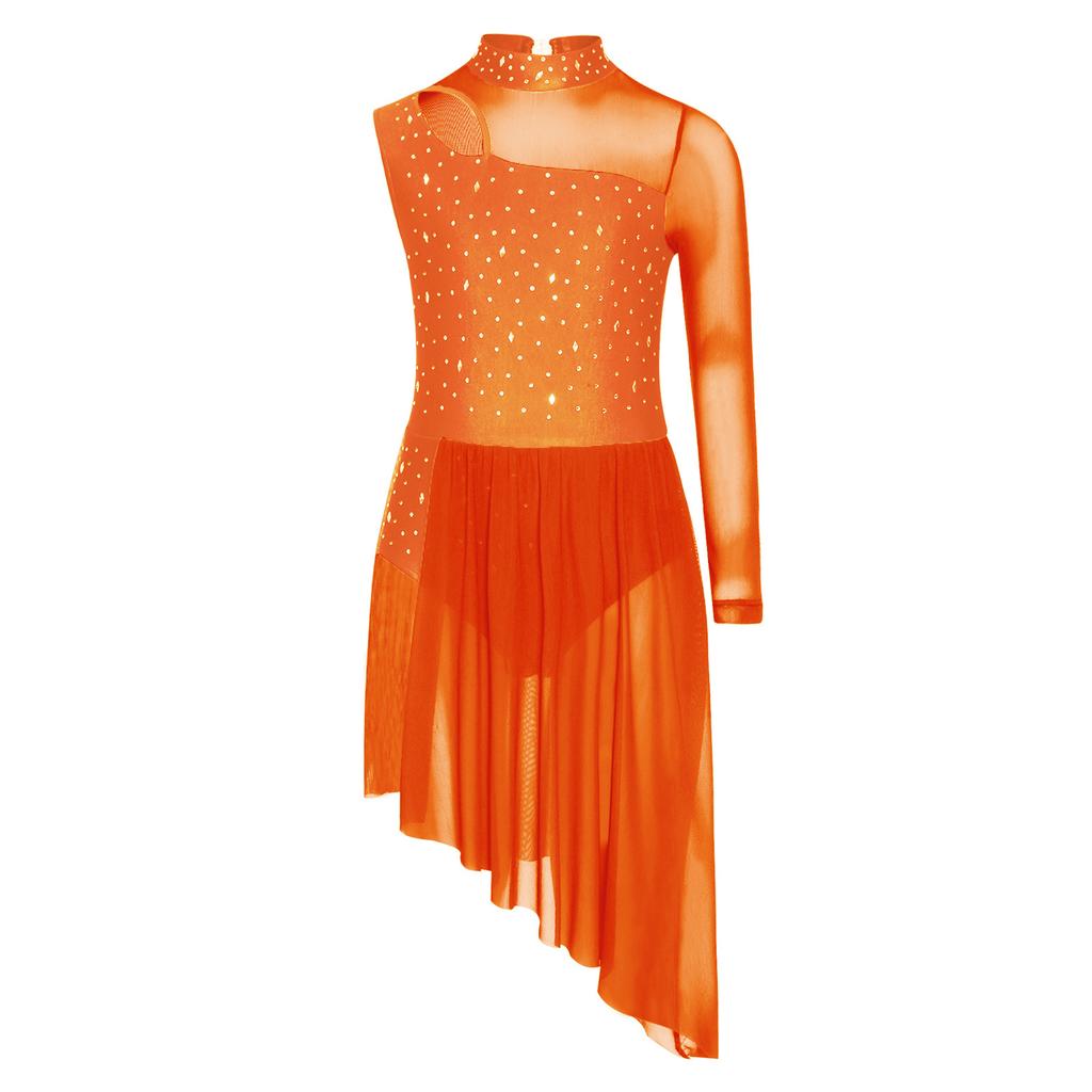 Girls Asymmetrical Lyrical Dance Costume Mock Neck Cutout Sheer Mesh Patchwork Shiny Rhinestones Side Split Dress