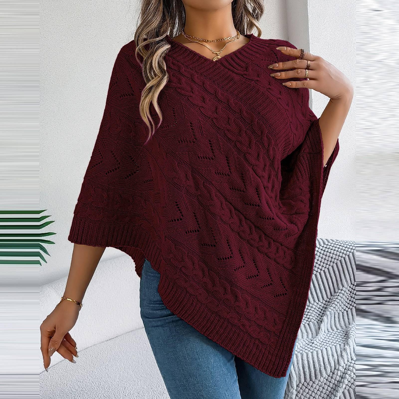 

Женская мода повседневный свободный однотонный свитер с V-образным вырезом и коротким рукавом пуловер топ L винный