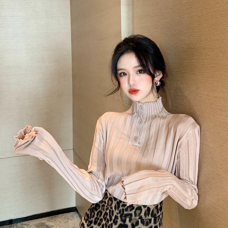 

Женский пуловер облегающего кроя из французского трикотажа - Полувысокая горловина, Длинный рукав, Теплый и универсальный One Size хаки