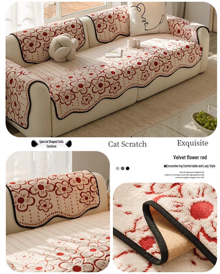 Shu Cotton Velvet Floral Jacquard Non-Slip Sofa Cushion, Thick Cream Style Cover for Autumn/Winter 2025