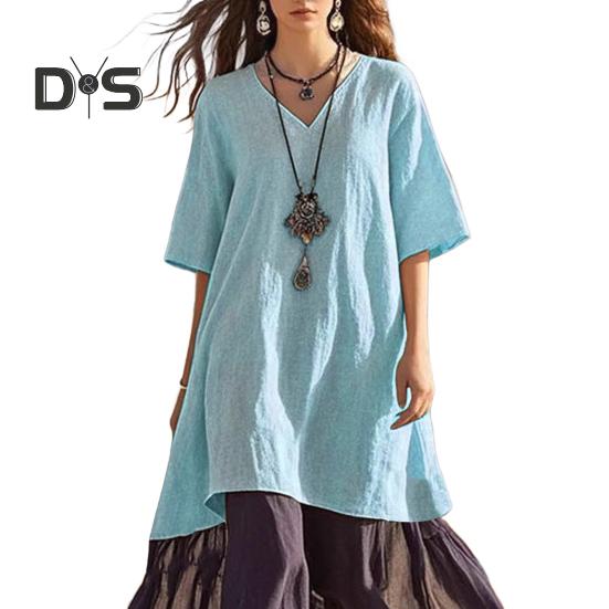 

Женское свободное платье в стиле бохо-пэчворк с V-образным вырезом и коротким рукавом, летнее пляжное платье для отдыха S светло-синий