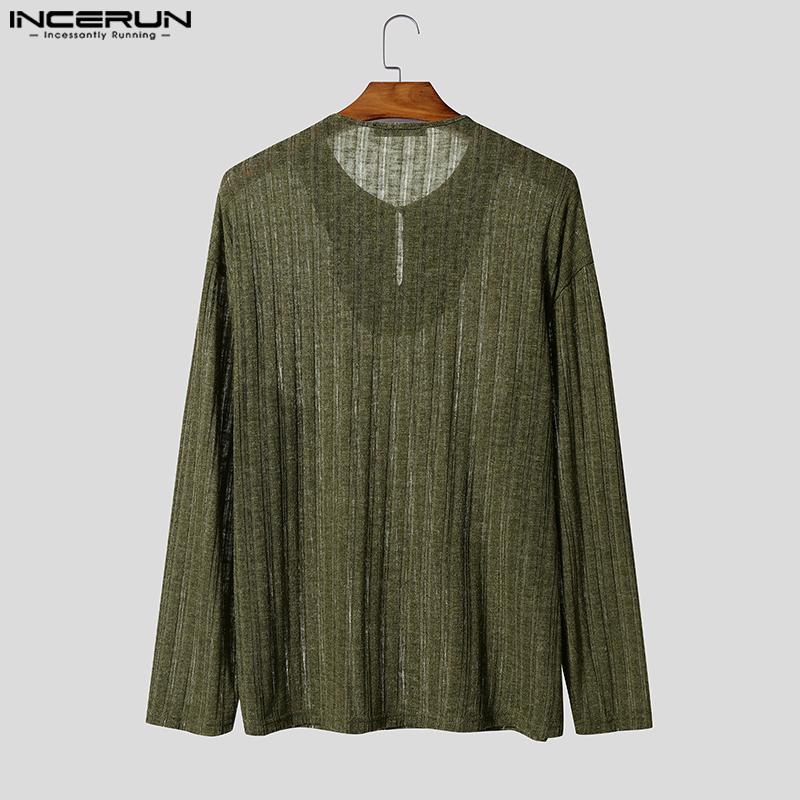 INCERUN Men Crew Neck Long Sleeve Semi-Sheer Thin Casual Tops T-shirts