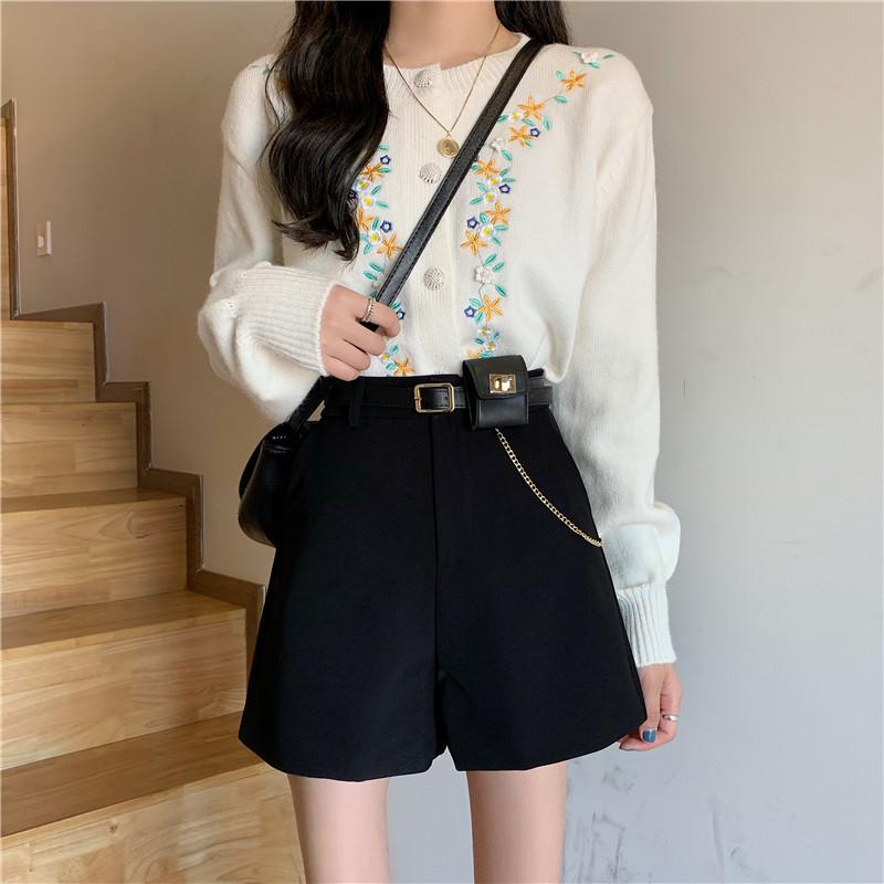 

Трендовые европейские и американские шерстяные шорты с высокой посадкой и широкими штанинами - Женские повседневные брюки на осень/зиму L чёрный