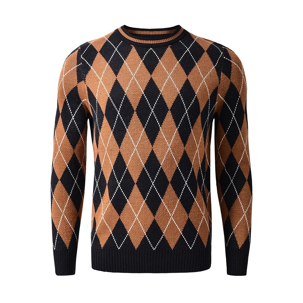 Men's Retro Argyle Sweater Long Sleeve Slim Fit Crewneck Pullover Sweater