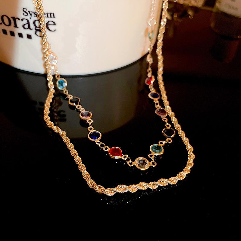 

Bohemian Luxury Colorful Crystal Necklace for Women Double Layer Shiny Chain Choker Girls Party Body Statement Jewelry Gifts