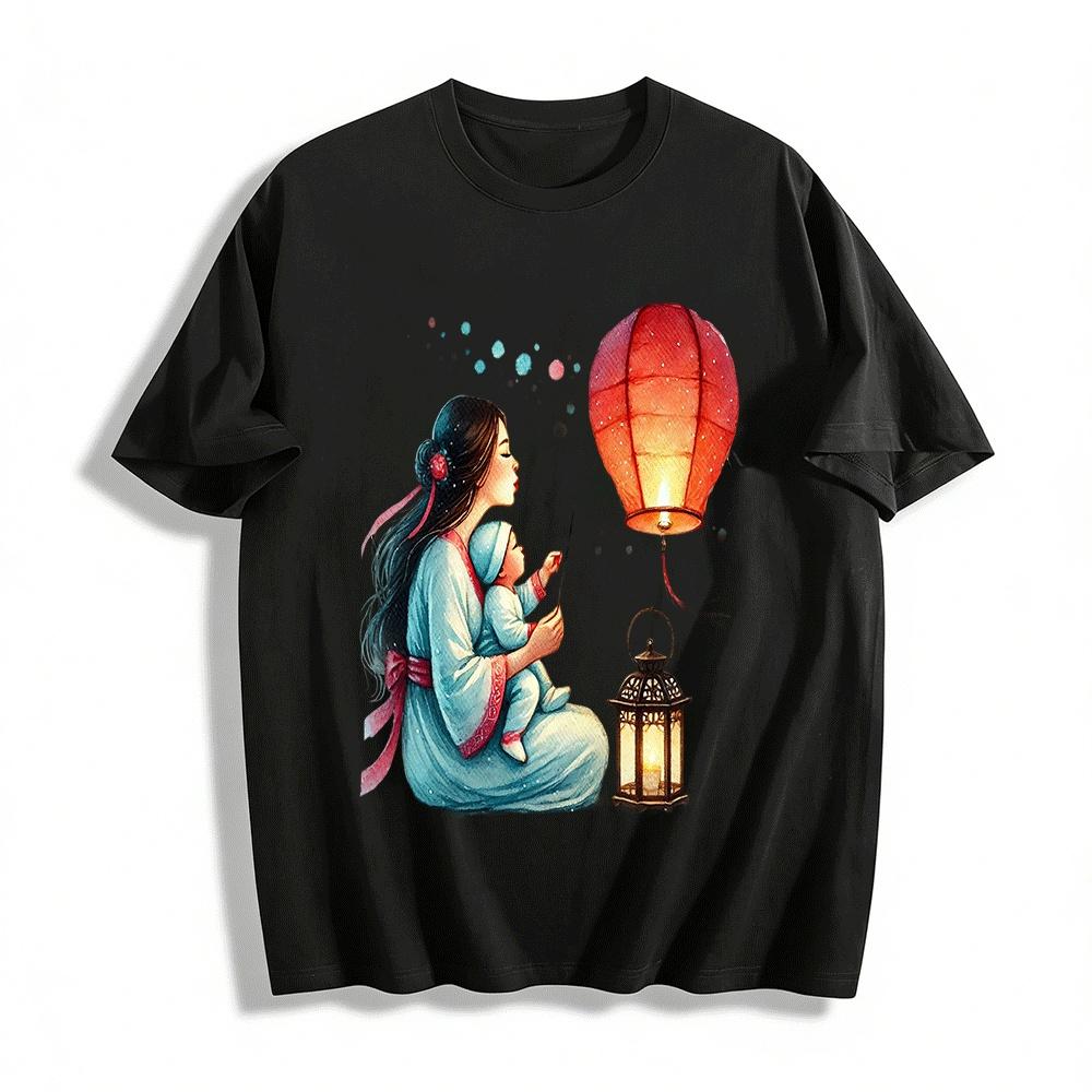 Mother And Child Kongming Lantern Print Family Matching Tops Pure cotton T-shirt XXS