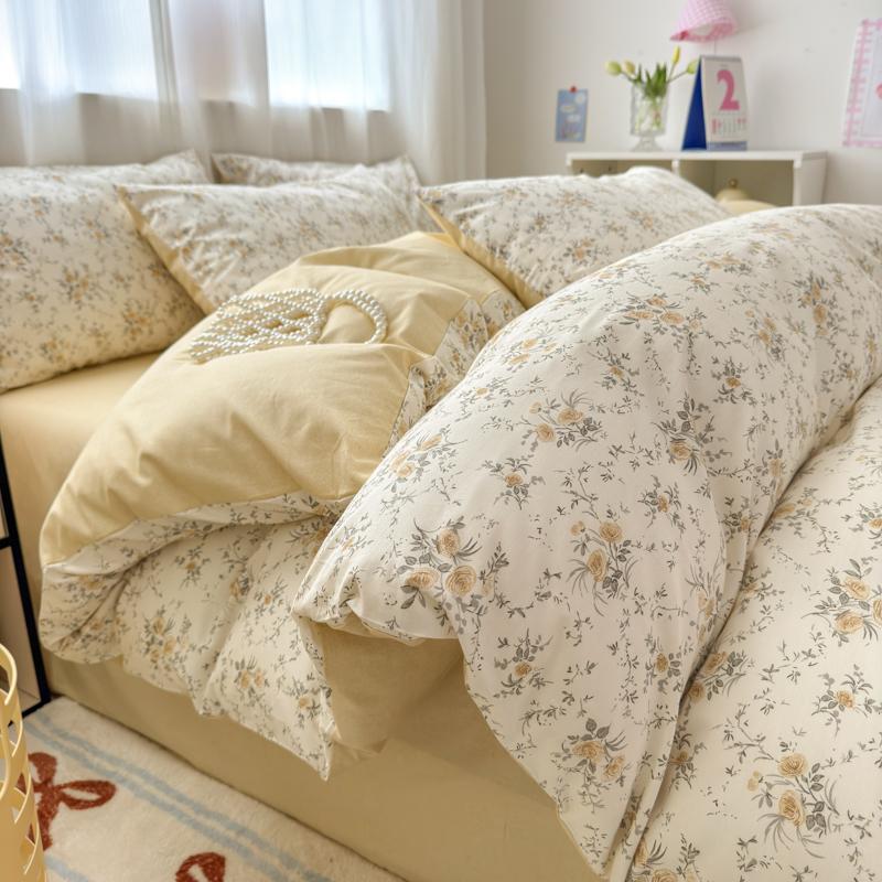 Set de lenjerie de pat de lux cu imprimeu floral, 3 piese, 100% bumbac, set husă de pilotă cu 2 fețe de pernă - Rezistent la șifonare, Respirabil pentru toate anotimpurile