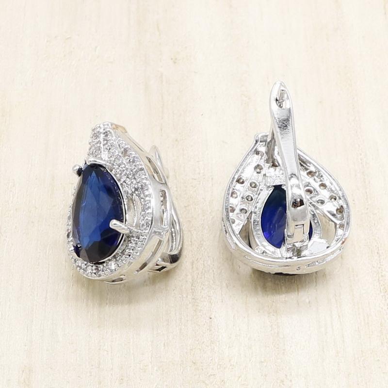 Royal Blue Semi-Precious  Color Bridal Jewelry Sets For Women Bracelet Hoop Earrings Necklace Pendant Rings Gift Box