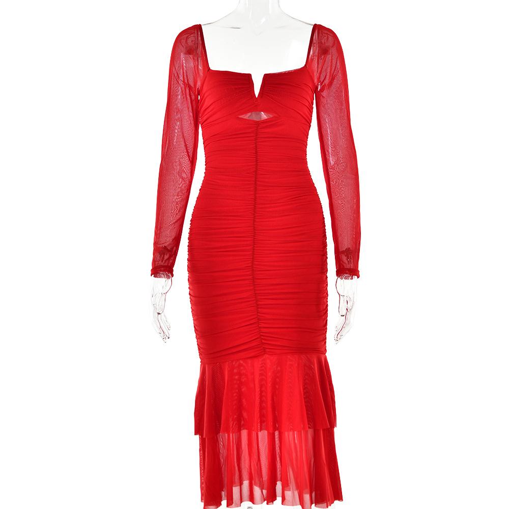 Hot-selling new dresses in Europe and America, sexy and fashionable square neck long-sleeved splicing mesh fishtail dress S красный