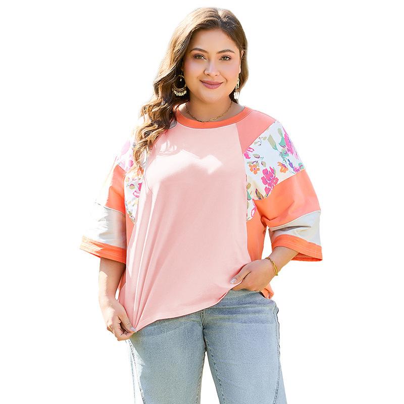

Women s European-American Plus Size Floral Raglan Sleeve Loose T-shirt (2025) XXL оранжевый