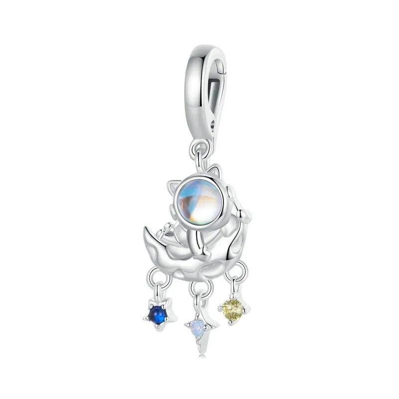 WOSTU 925 Sterling Silver Sparkling Dreamcatcher Shooting Star Pendant Moonstone Astronaut Charm Fit Original Bracelet For Women