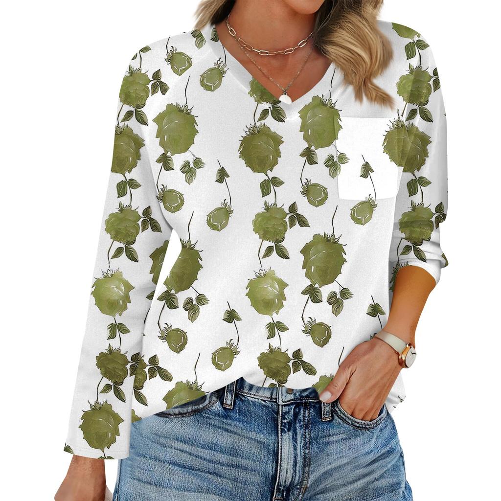 Women's Raglan Long Sleeve V-Neck T-Shirt Splicing Solid Color Casual Top Pullover V-Neck Pocket Bottoming Shirt