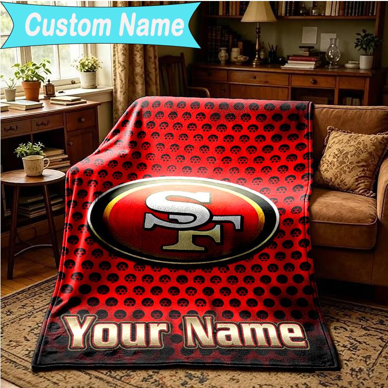 1PC Custom Name Blanket Faithful 49ers Football Flannel Blankets Patterns Throw Blanket All-Season Soft Gift for Couch, Bed, Camping, Birthday Gifts