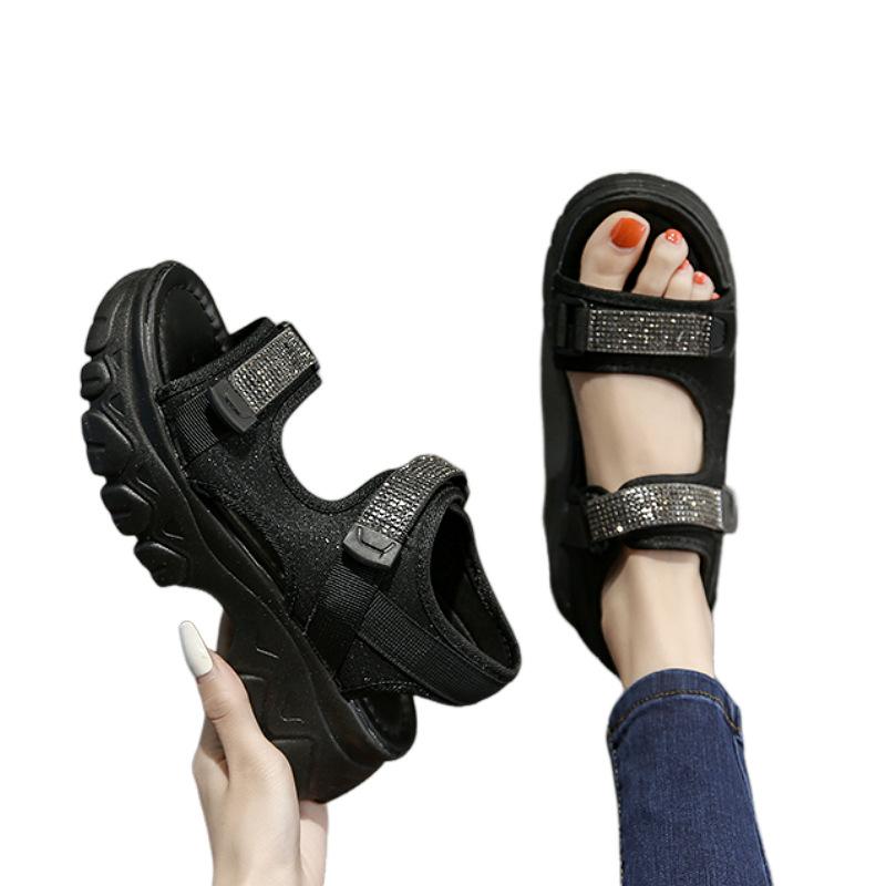 Rhinestone platform casual sports sandals women's outer wear 2025 new summer Velcro soft-soled Roman beach shoes