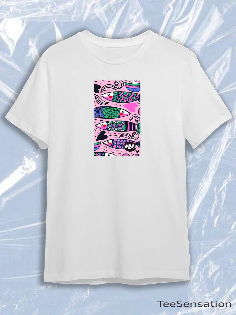 TeeSensation White Crew Neck Short Sleeve T-Shirt with Colorful Decorative Fish Pattern Print