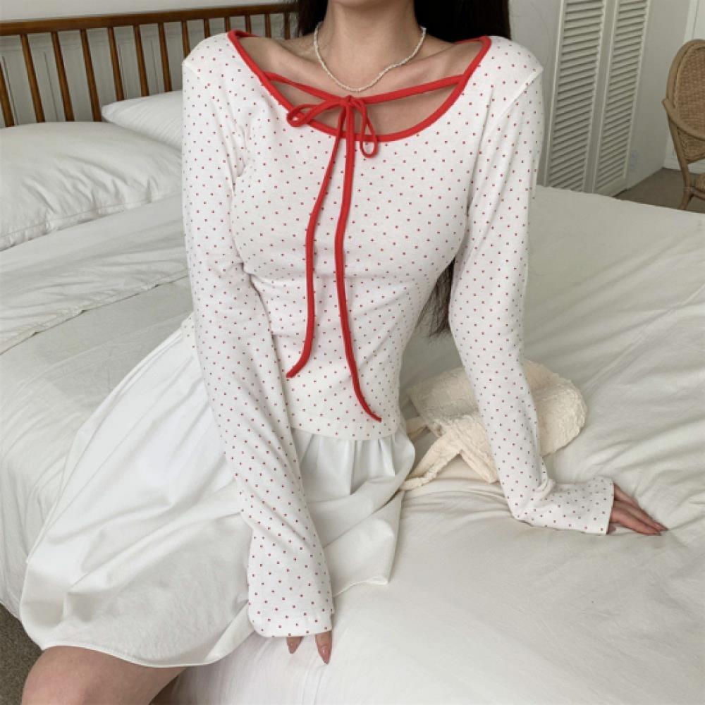 New Arrivals Open Run Women Ribbon DoT PaTTern Long Sleeve T shirT