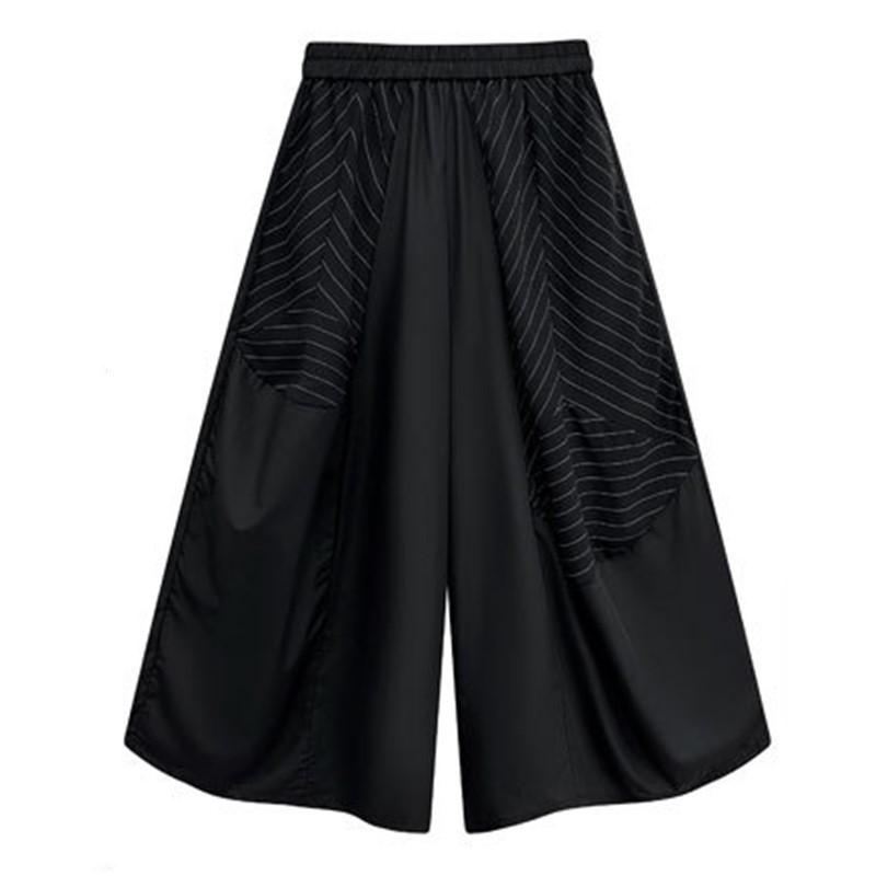 Plus Size Vintage Black Stripe High Waist Casual Loose Summer Wide Leg Pants Women Trousers
