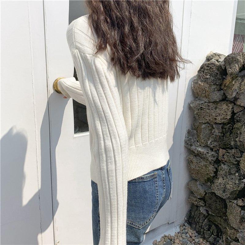 Maglione pullover lavorato a maglia retrò autunnale da donna, scollo a V, manica lunga, strisce verticali, fondo lavorato a maglia, esterno largo, colore solido
