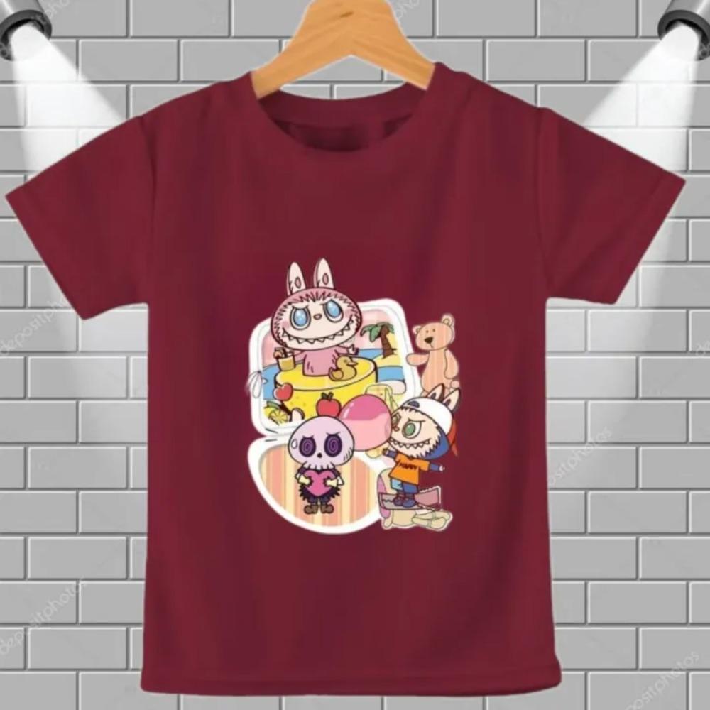 Summer Popular Children's T-shirt Clothing Beach Vacation Labubu Printed Girls Round Neck Short Sleeved Casual Top