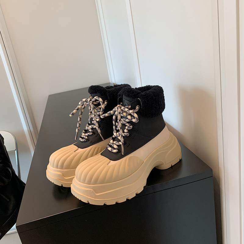 Krazing Pot Cow Leather Wool Blend Winter Round Toe Platform Snow Boots Lace Up Design Women Keep Warm Ankle Boots