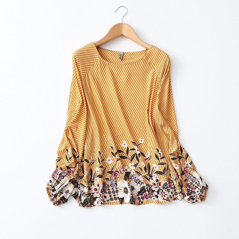 

Xiaoyujia Export Fashion Diagonal Striped Flower Print Loose and Simple Artificial Cotton Long Sleeves Cotton Silk Shirt Brown Stripes Euro-P (Bust size 100)