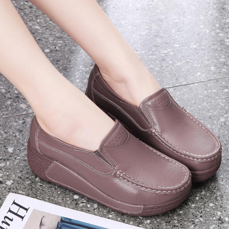 Genuine Leather Casual Shoes Women Fashion Platform Shoes Slip-on Loafers Walking Wedge Heels Rocker Shoes