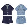 European and American style, wholesale women's clothing, fashion denim short shirt + double-placket denim skirt pants 1416034