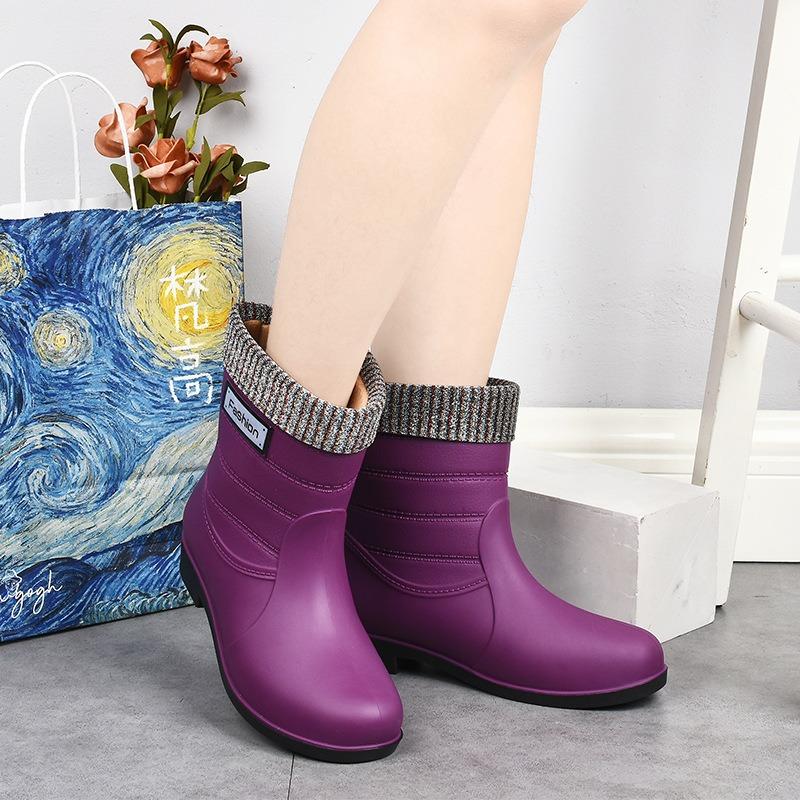 New fashion rain shoes women's medium tube warm rain boots non-slip water shoes work rubber shoes adult cotton water boots overshoes