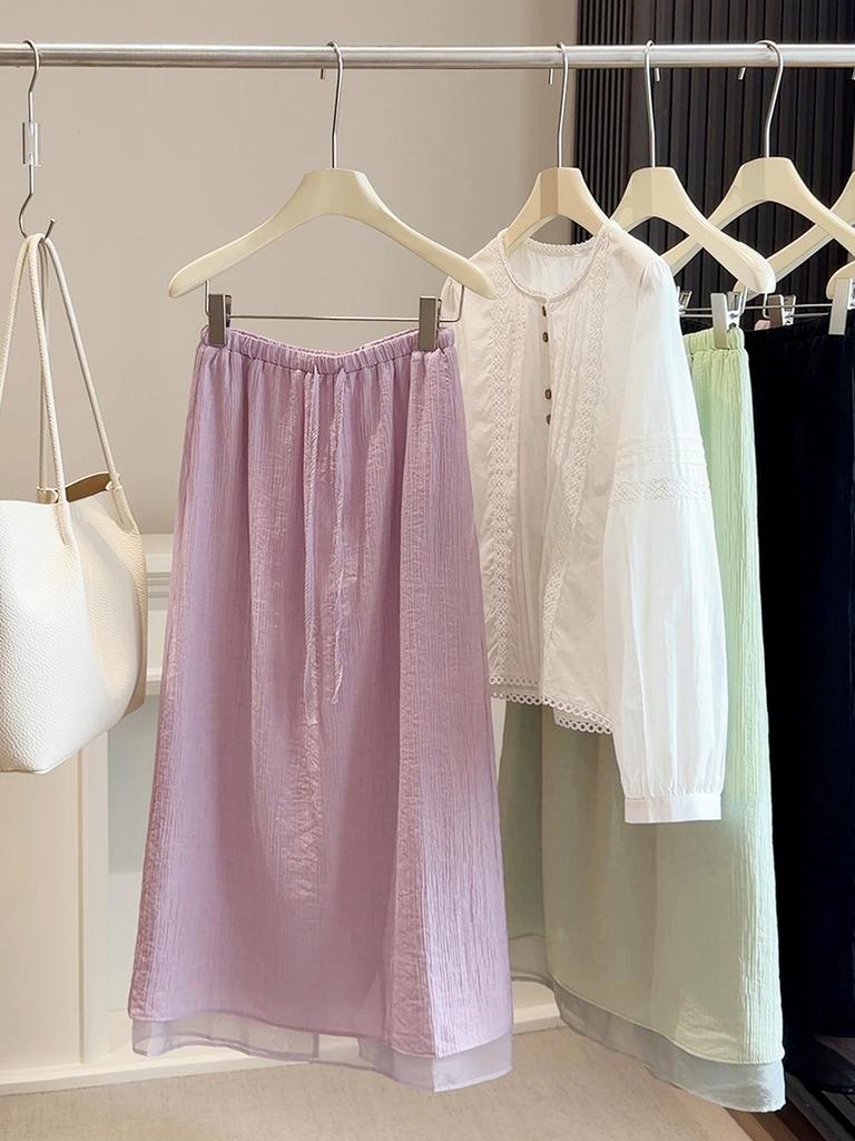 Korean Textured High-Waisted Drawstring Skirt with Mesh Hem and Back Slit for Women