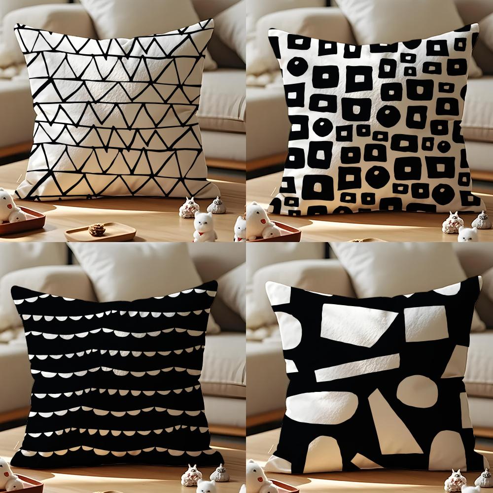 Black And White Abstract Style Cushion Cover Anti-dustmite Pillowcase Invisible Zipper Silky Short Plush Sofa Cushion Cover