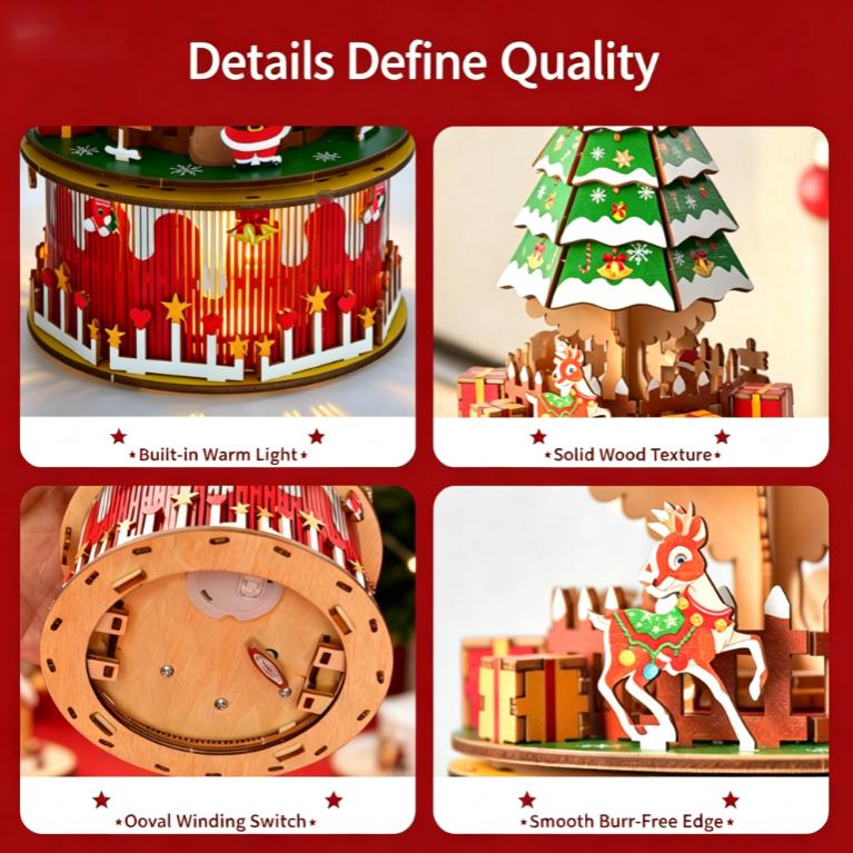 Drehende hölzerne Weihnachtsmusikbox mit Miniatur-Szene, 3D-Puzzle-Modell für Schreibtisch-Urlaubsdekoration