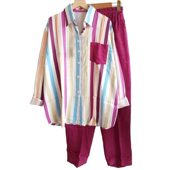 2Pcs/Set Shirt Pants Set Long Sleeve Casual Trendy Elastic Waist Breathable Daily Garment Polyester Stripes Blouse Pants Suit Spring Clothes