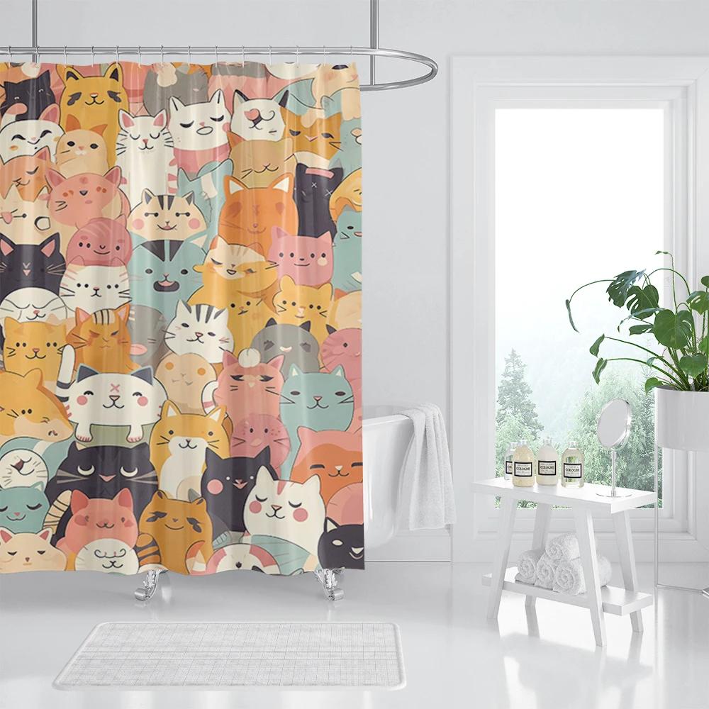 Cat Printed Shower Curtain Color Cartoon Lovely Animal Bear Polyester Fabric Hanging Curtains Bathroom Bathtub Decor with Hook