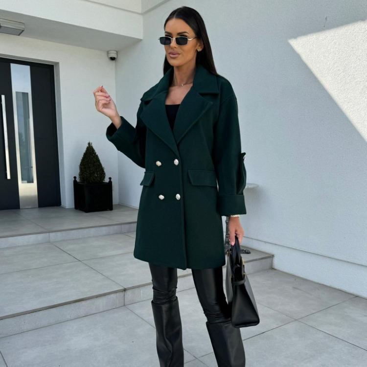

Woolen Coat Jacket for Women H Shape Suit Collar Solid Color New European American Style S темно-зеленого