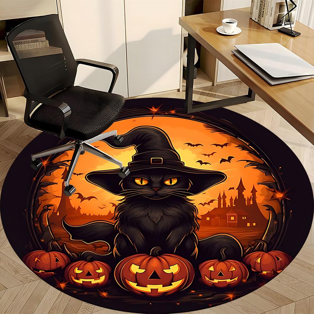 1PC Halloween Cat Office Round Area Rug, Mat Suitable For Office, Under Office Chairs Bedroom Living Room Home Decor, Room Deco