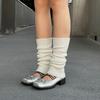 Sheepskin~ Platform Bow Retro High Heels Ballet Shoes Square Head Silver Thick Heel Mary Jane Shoes Women's Single Shoes