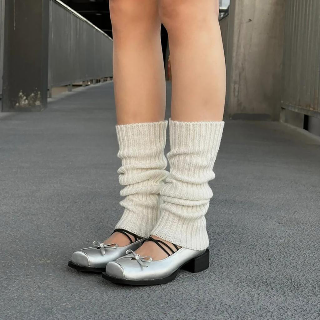 Sheepskin~ Platform Bow Retro High Heels Ballet Shoes Square Head Silver Thick Heel Mary Jane Shoes Women's Single Shoes