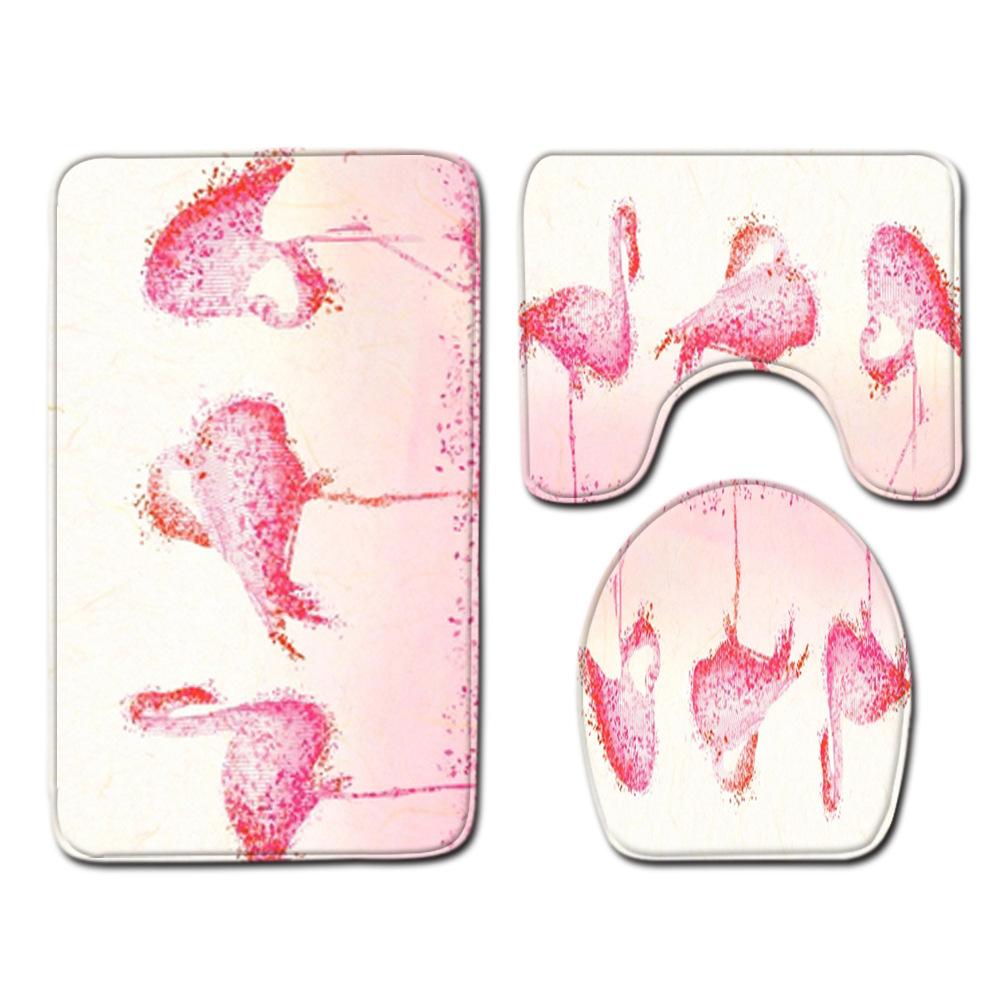 European And American Style Pink Cute Animal Flamingo Floor Mat Carpet Girl Heart Hand-Painted Illustration Toilet Three-Piece Set